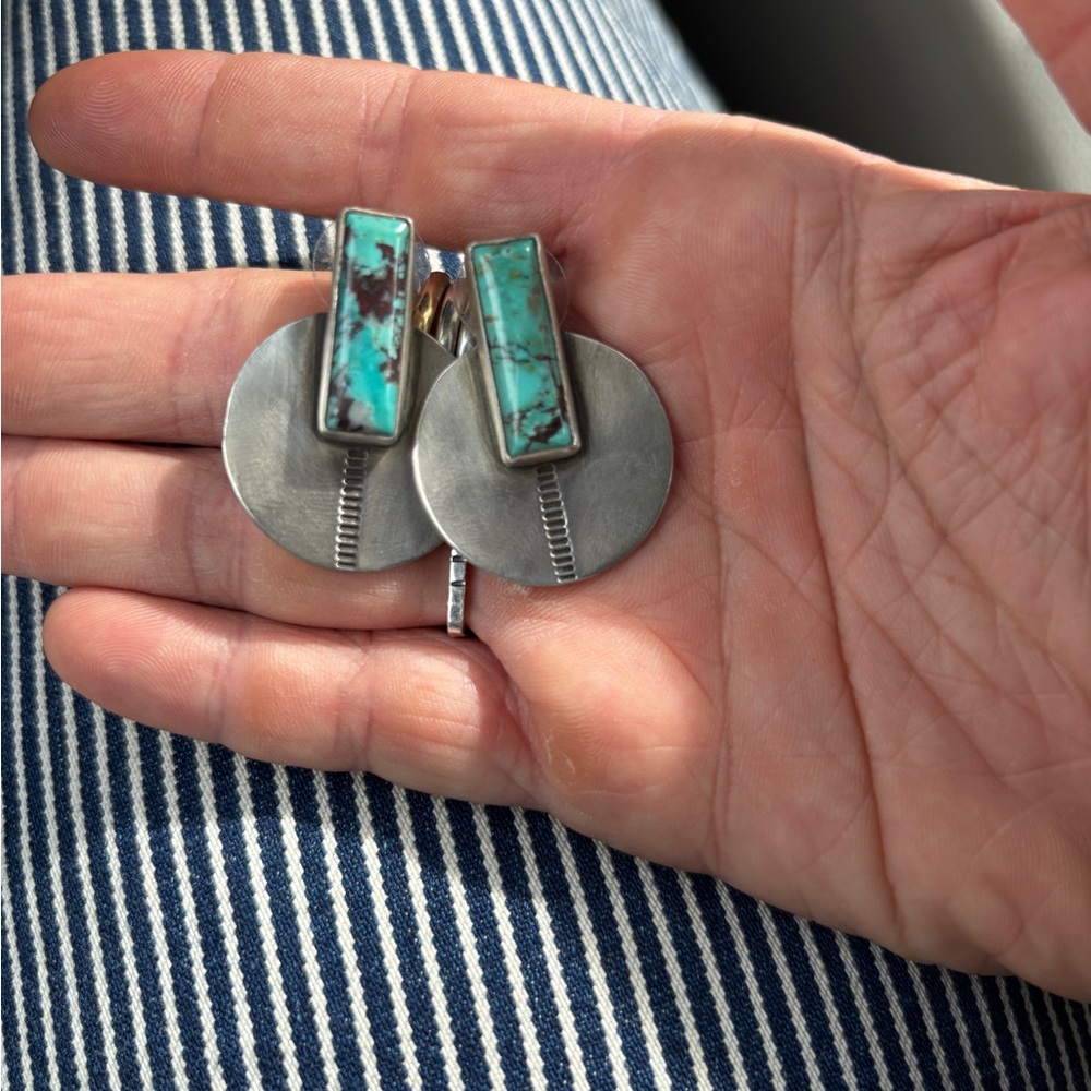 Turquoise Inlay Sterling Silver Drop Earrings - Teal Stone Accent